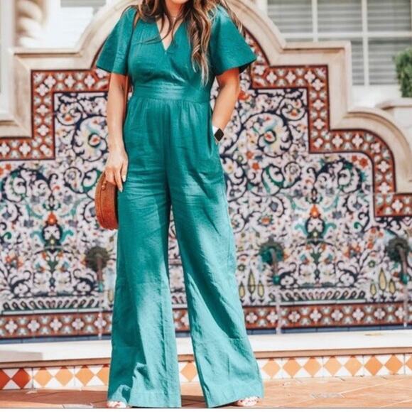ANN TAYLOR LOFT | NWT Plus Beach Flare Sleeve Tie Back Jumpsuit Teal | Size 24 - Picture 1 of 9